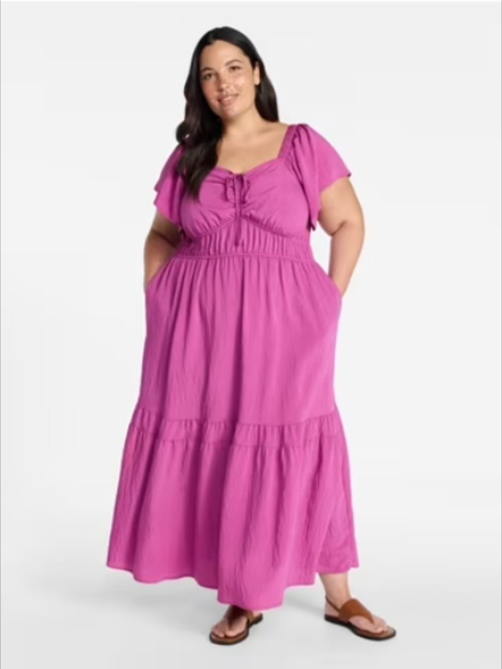Terra & Sky Cinch Waist Flutter Sleeve Maxi Dress